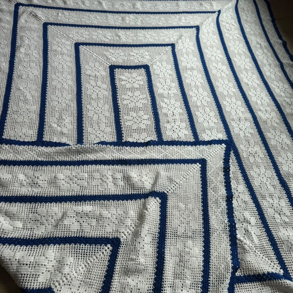 Handmade Filet Crochet Bedspread Twin Blue White Excellent Cottagecore